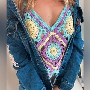 Granny square cotton top size S-M handmade in USA pastel color